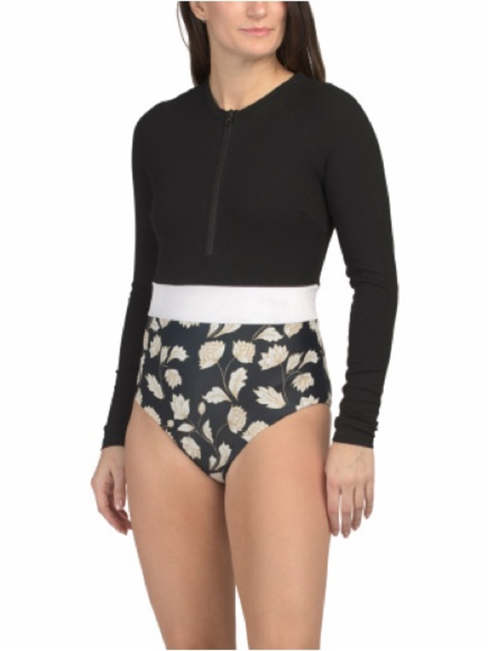 NWT Black Long-Sleeve Crop Rash Guard with Floral High-Waist Bottom